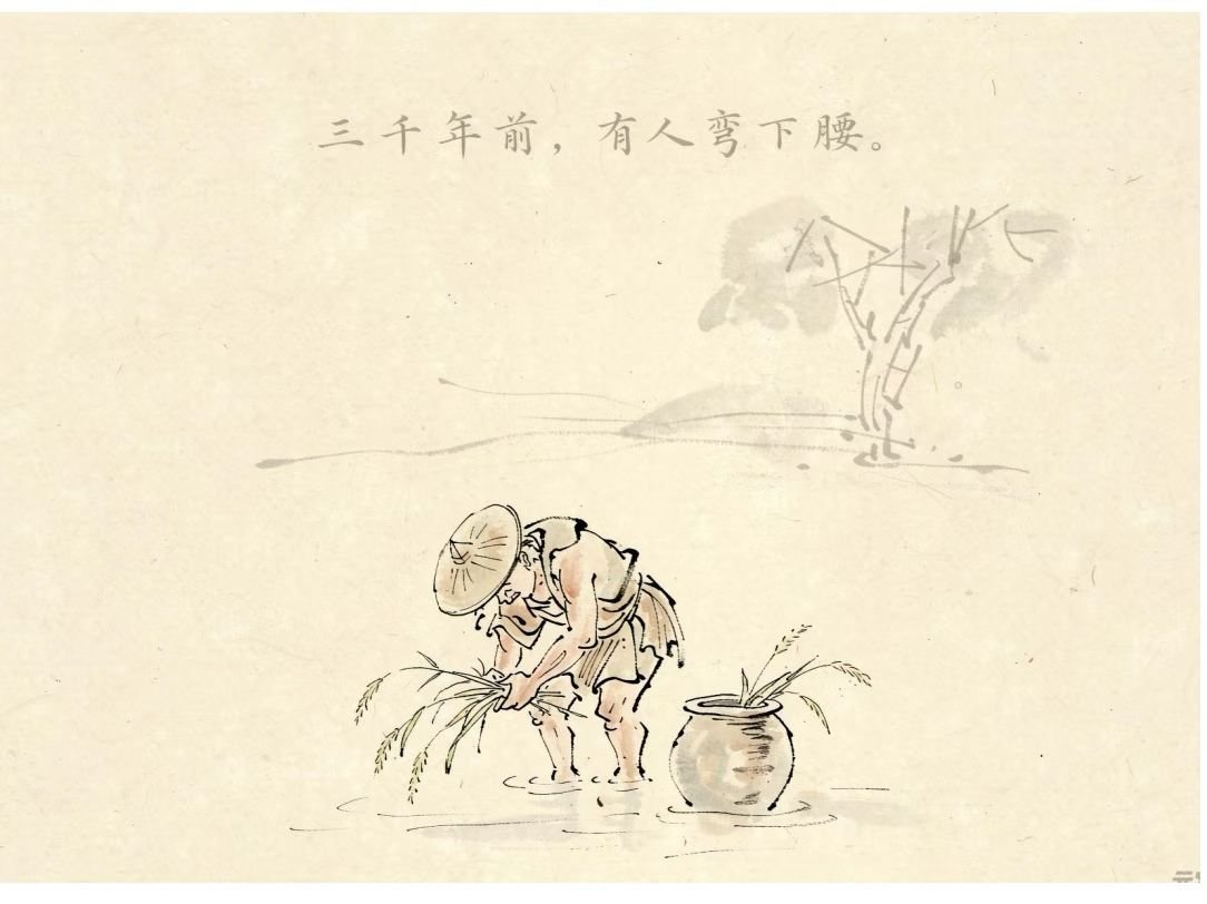 水墨插画：戴斗笠的农人弯腰在水边收割抽穗的菰，旁边放着一只陶罐