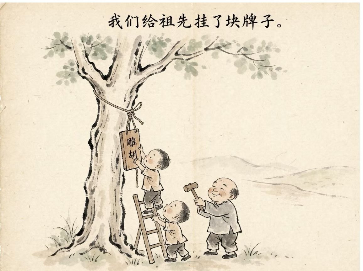 水墨插画：两个孩子在树上挂一块写着雕胡的木牌，老人举着锤子在旁
