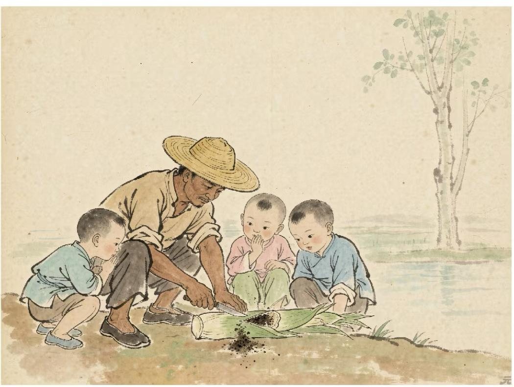 水墨插画：老农在河边切开一根茭白，三个孩子凑近看，切面里露出黑色孢子