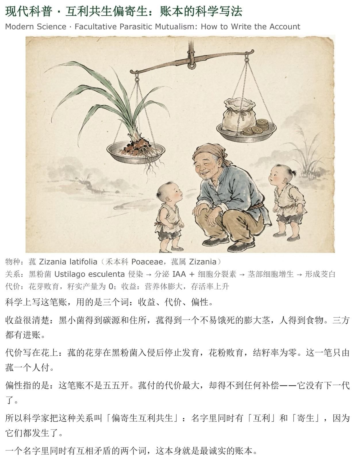水墨插画：一杆天平，一端是一株菰，另一端是一袋钱币，老农与两个孩子仰头看着