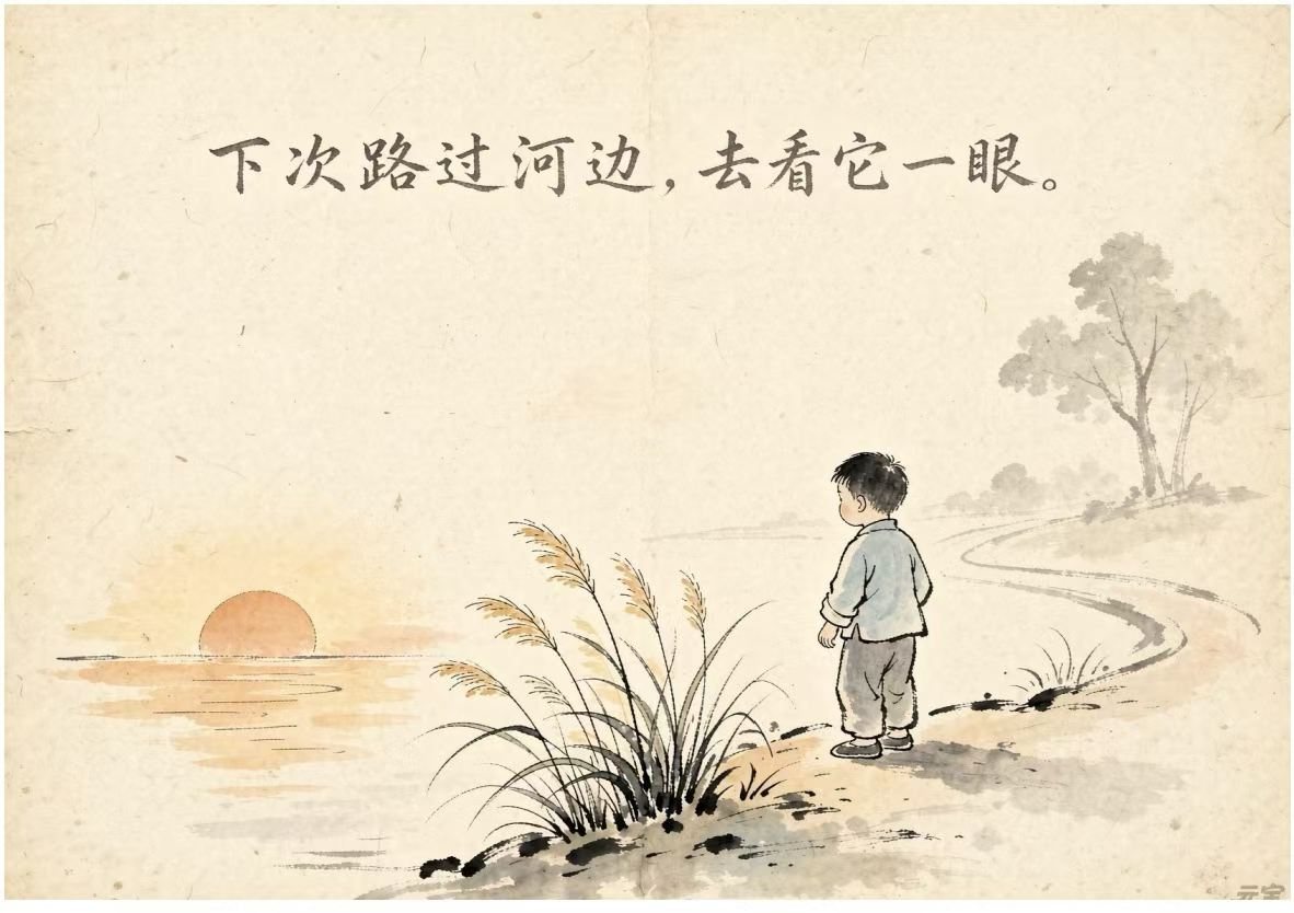 水墨插画：一个孩子站在河边，望着远处落日和一丛抽穗的野草